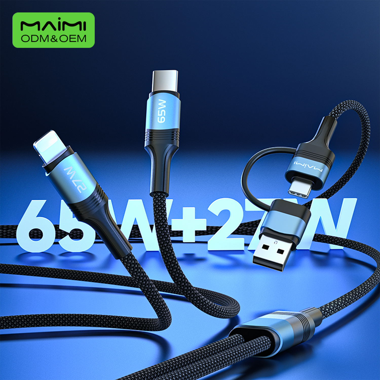 65W PD 4-in-1 Multi Charging Cable 2-in-2 USB C to USB C Lightning Cable Fast Charging Braided Data 