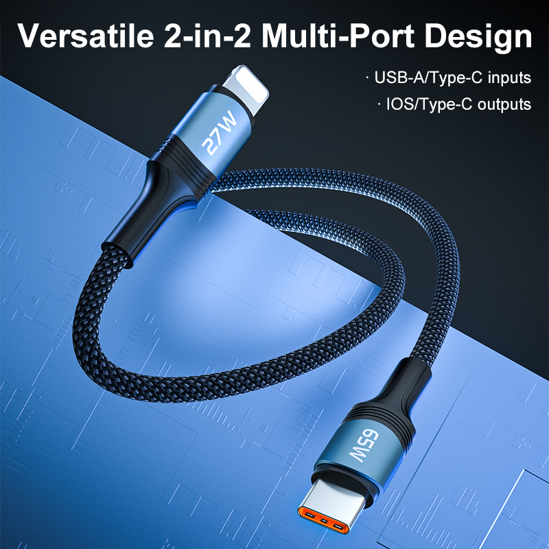 65W PD 4-in-1 Multi Charging Cable 2-in-2 USB C to USB C Lightning Cable Fast Charging Braided Data 