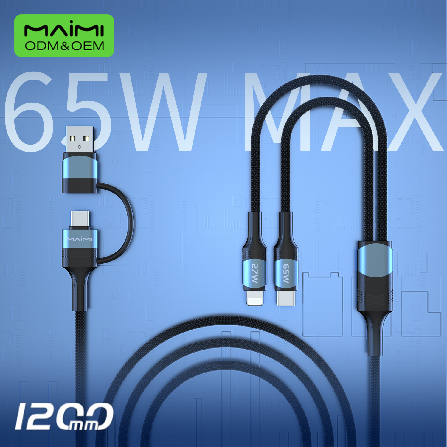 65W PD 4-in-1 Multi Charging Cable 2-in-2 USB C to USB C Lightning Cable Fast Charging Braided Data 