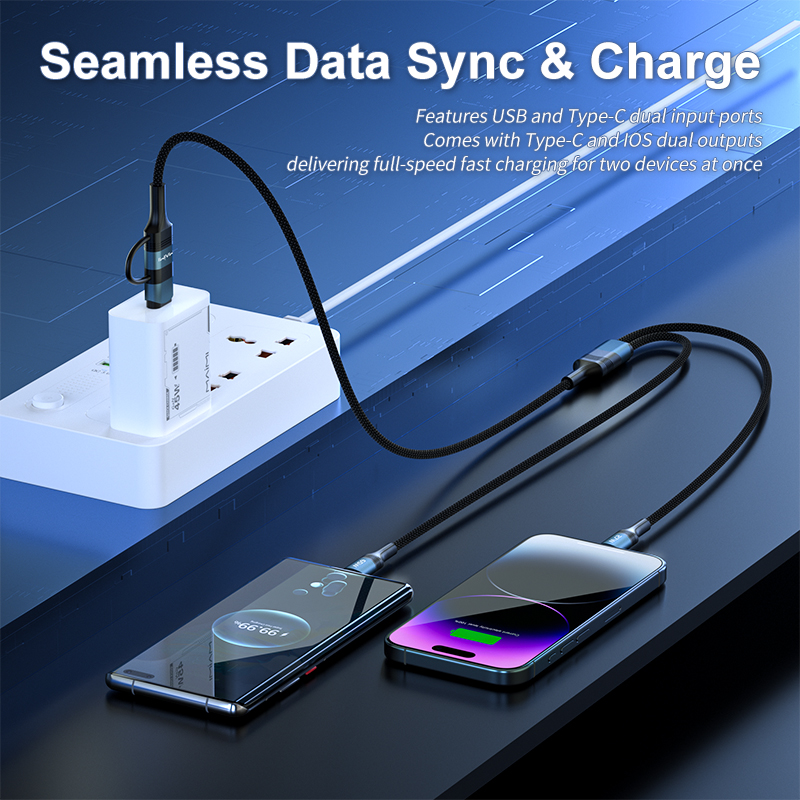 65W PD 4-in-1 Multi Charging Cable 2-in-2 USB C to USB C Lightning Cable Fast Charging Braided Data 