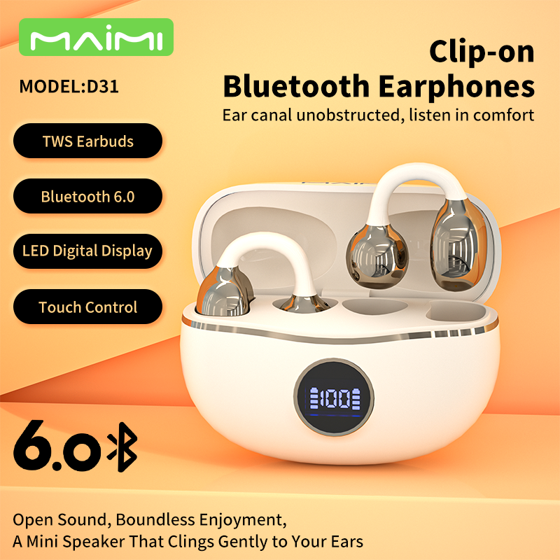 Maimi D31 Ear Clip Bluetooth Earbuds V6.0 | Open-Ear Design with LED Display & Long Battery Life