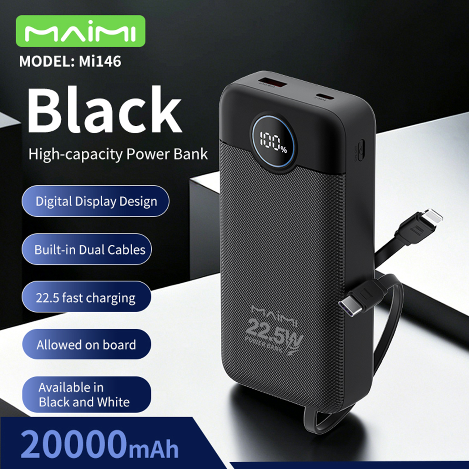 20000mAh Fast Charging Power Bank with Built-in Type-C & Lightning Cables | 22.5W Portable Charger 20000mAh Fast Charging Power Bank with Built-in Type-C & Lightning Cables | 22.5W Portable Charger