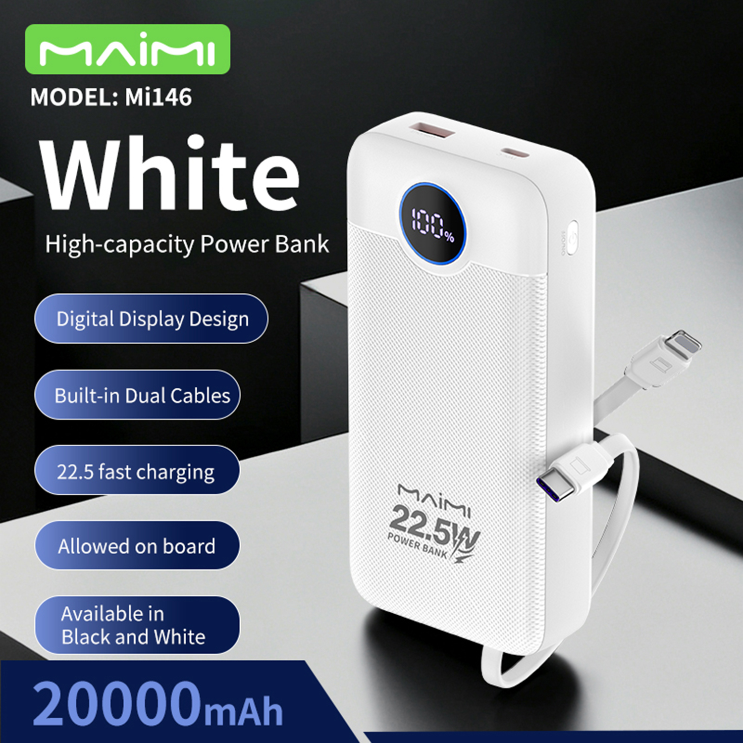 20000mAh Fast Charging Power Bank with Built-in Type-C & Lightning Cables | 22.5W Portable Charger 20000mAh Fast Charging Power Bank with Built-in Type-C & Lightning Cables | 22.5W Portable Charger