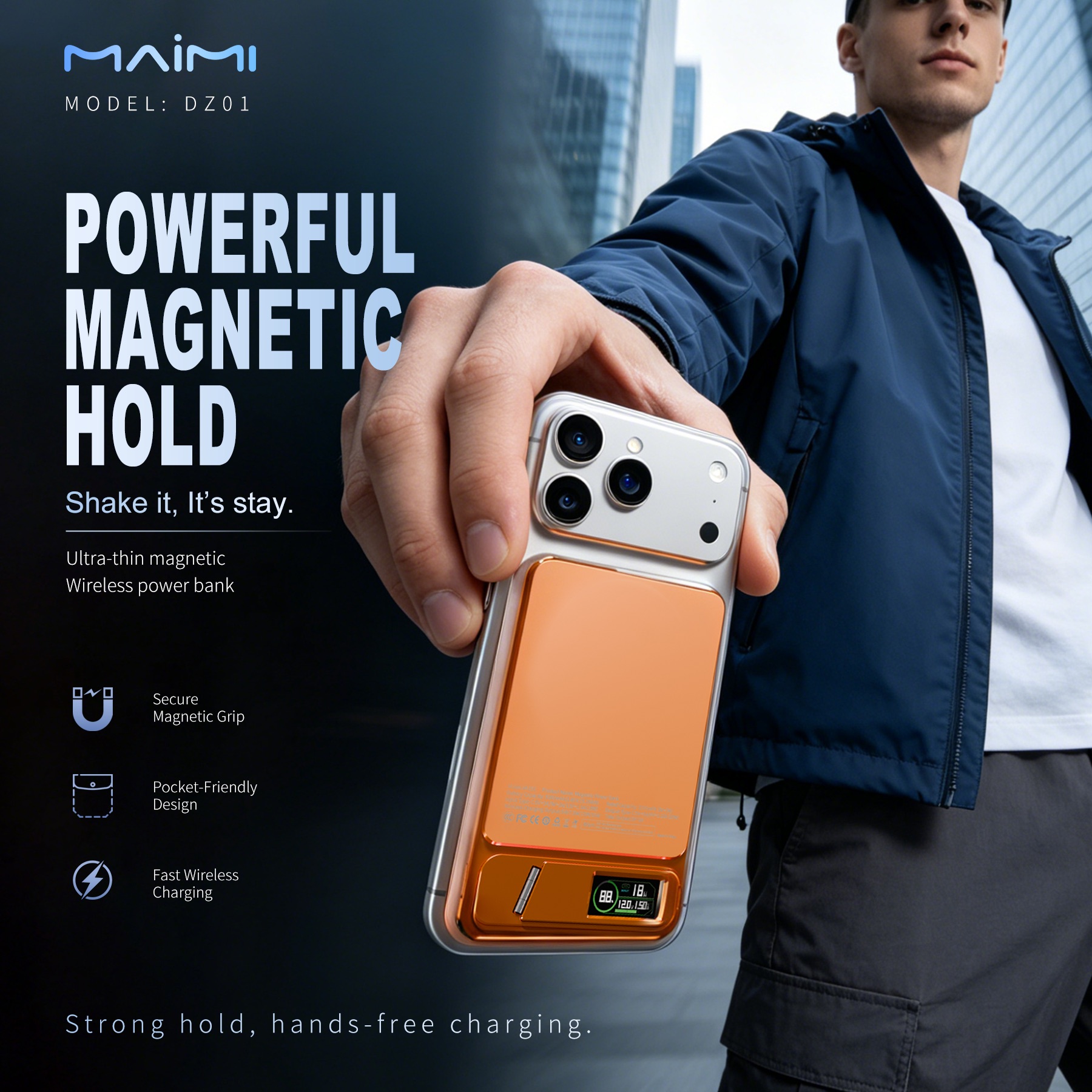 5000mAh Ultra Slim Magnetic Power Bank with Qi2 Wireless Charging & Foldable Stand