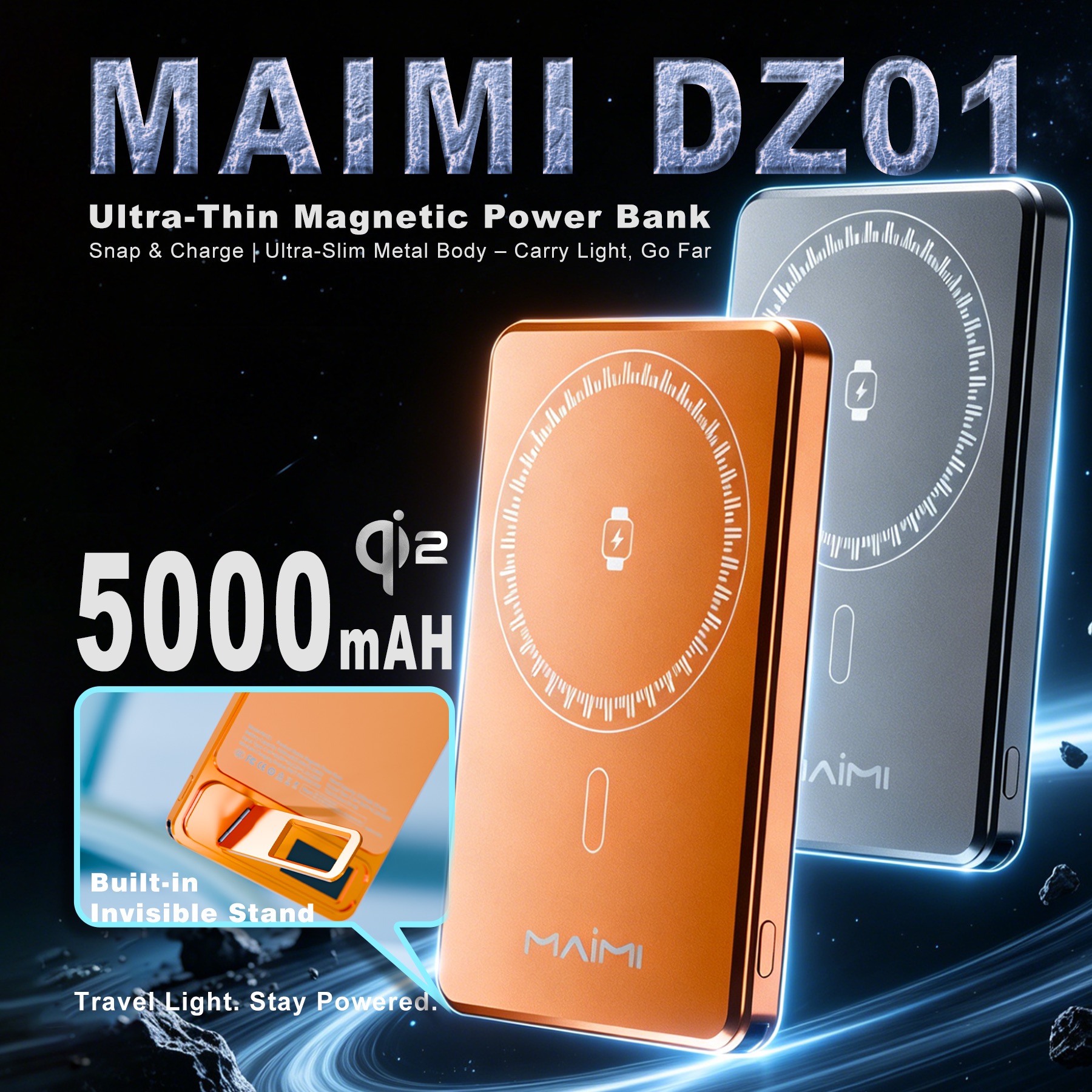 5000mAh Ultra Slim Magnetic Power Bank with Qi2 Wireless Charging & Foldable Stand