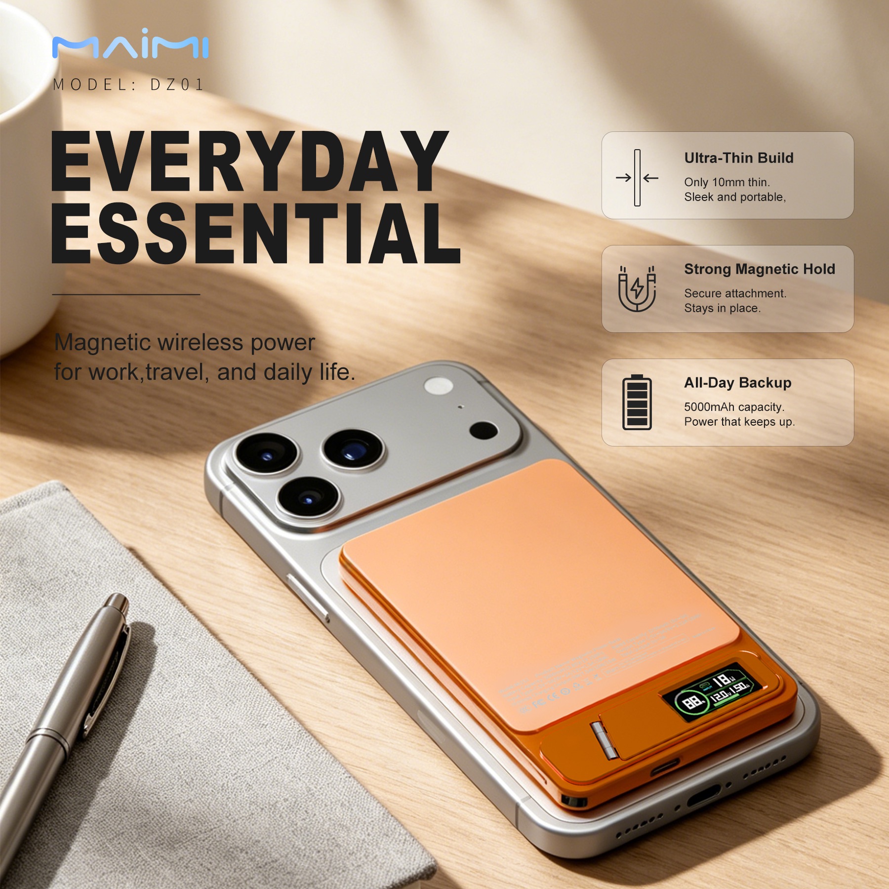 5000mAh Ultra Slim Magnetic Power Bank with Qi2 Wireless Charging & Foldable Stand