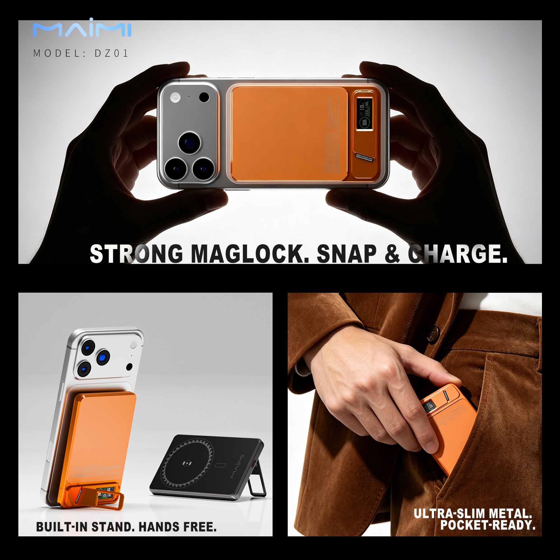 5000mAh Ultra Slim Magnetic Power Bank with Qi2 Wireless Charging & Foldable Stand