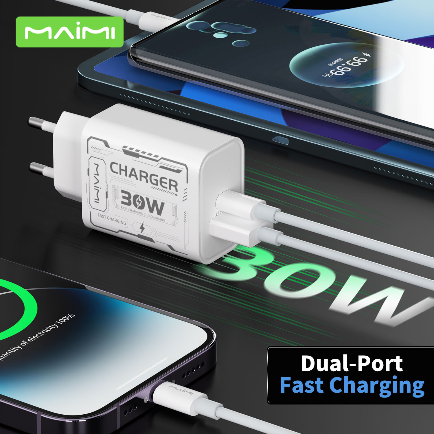 30W USB-C PD Fast Charger EU Plug | USB-A + USB-C Wall Charger for iPhone & Android