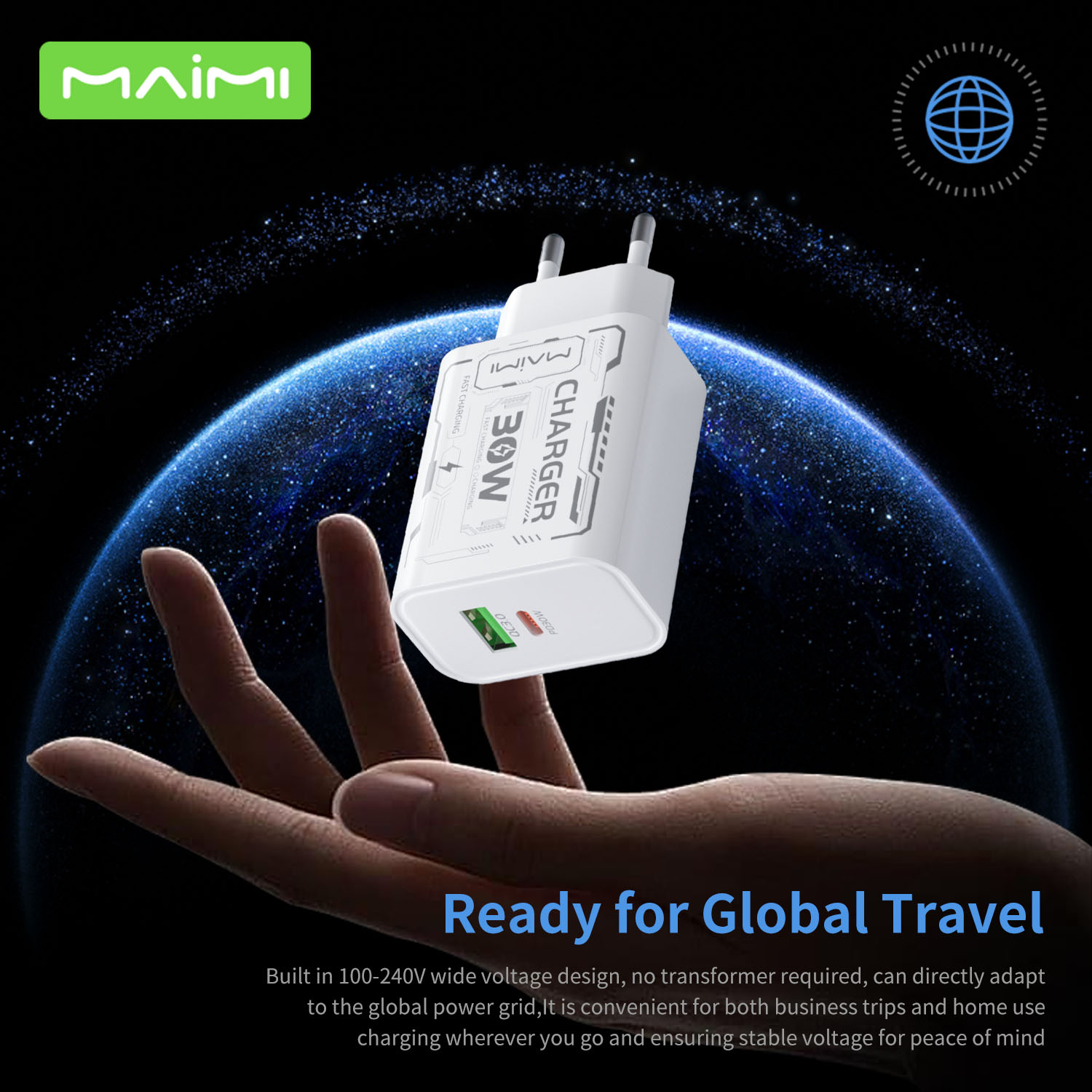 30W USB-C PD Fast Charger EU Plug | USB-A + USB-C Wall Charger for iPhone & Android