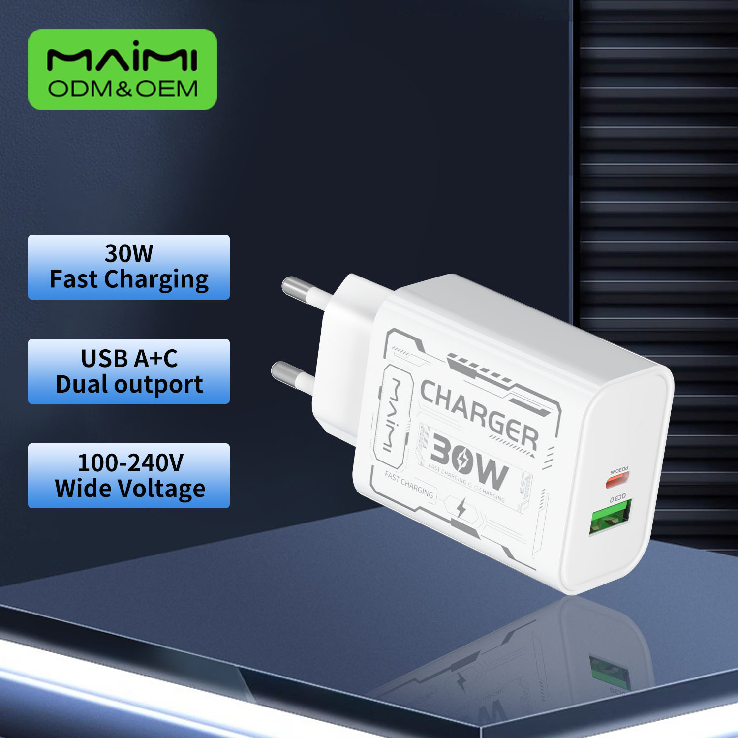 30W USB-C PD Fast Charger EU Plug | USB-A + USB-C Wall Charger for iPhone & Android