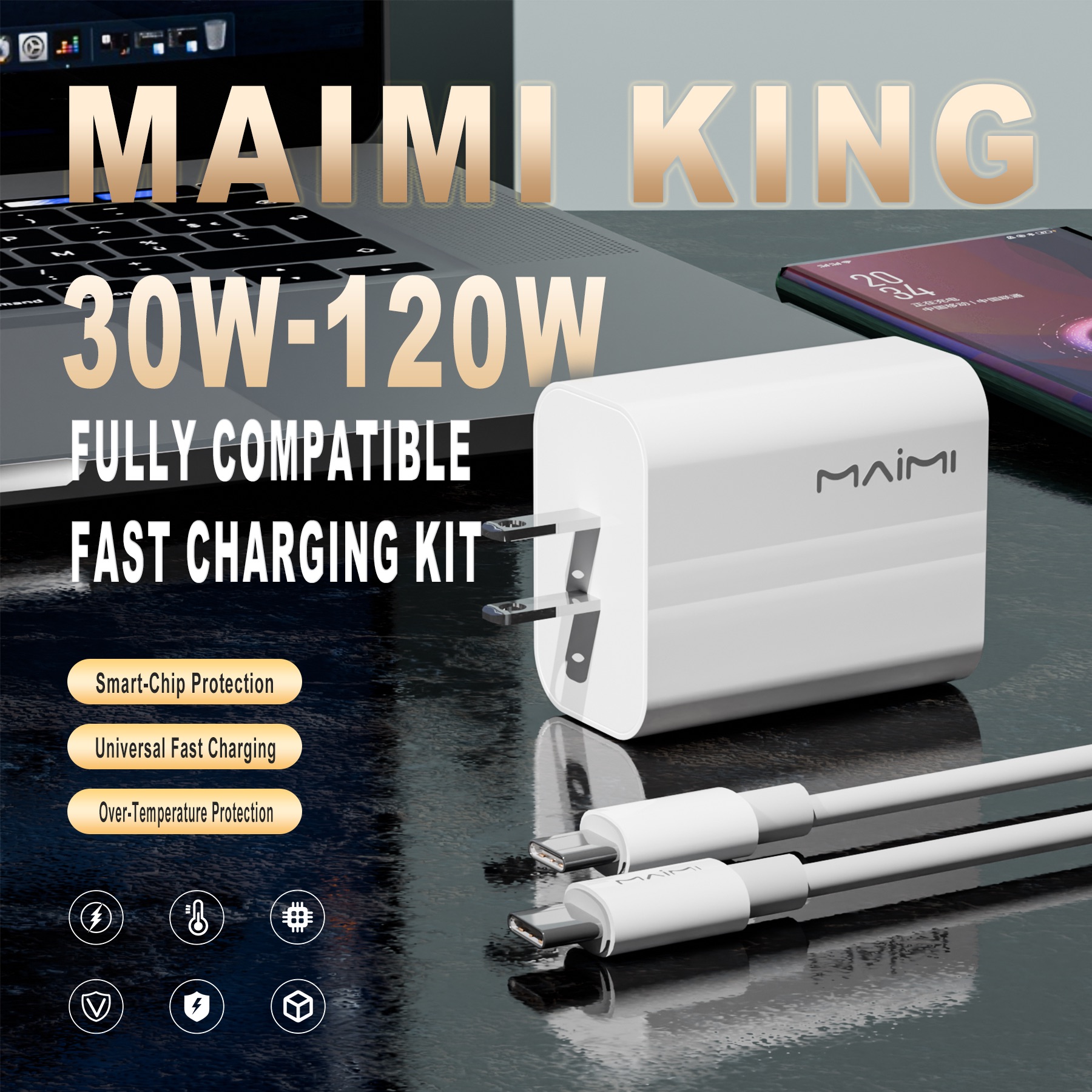30W USB-C PD Fast Charger with 1M 60W USB-C to USB-C Cable | Fast Charging Charger Set