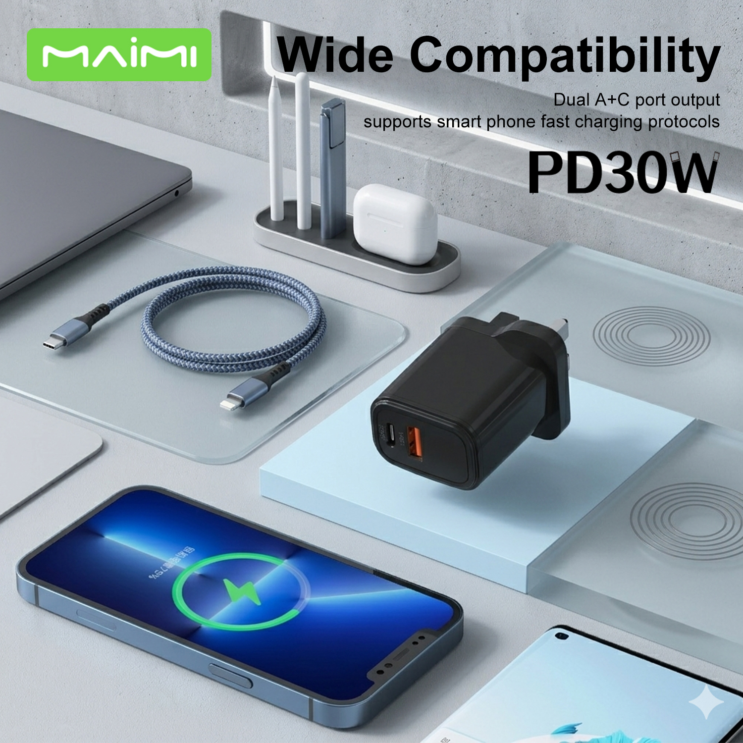 30W GaN USB-C + USB-A Fast Charger UK Plug | PD Wall Charger for iPhone 15/16/17 & Android 30W GaN USB-C + USB-A Fast Charger UK Plug | PD Wall Charger for iPhone 15/16/17 & Android
