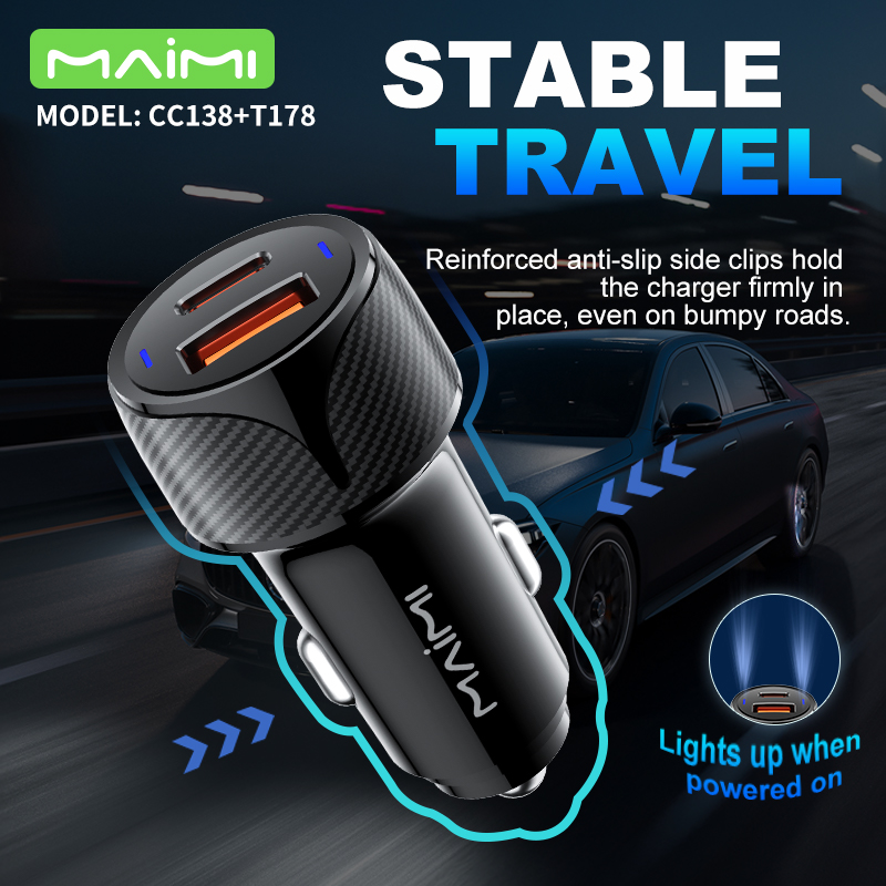 48W Dual Port Fast Car Charger with Blue Ambient Light | PD 30W & QC 3.0 18W Adapter