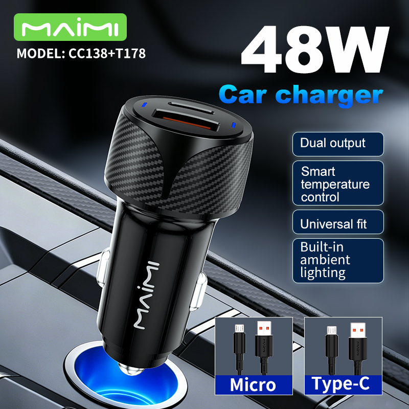 48W Dual Port Fast Car Charger with Blue Ambient Light | PD 30W & QC 3.0 18W Adapter