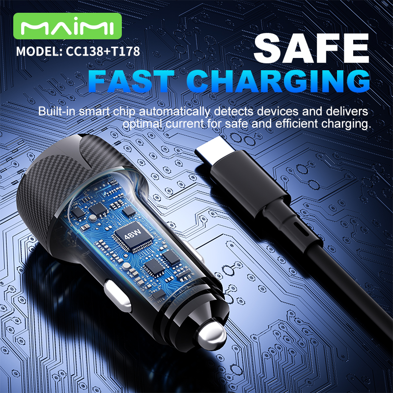 48W Dual Port Fast Car Charger with Blue Ambient Light | PD 30W & QC 3.0 18W Adapter
