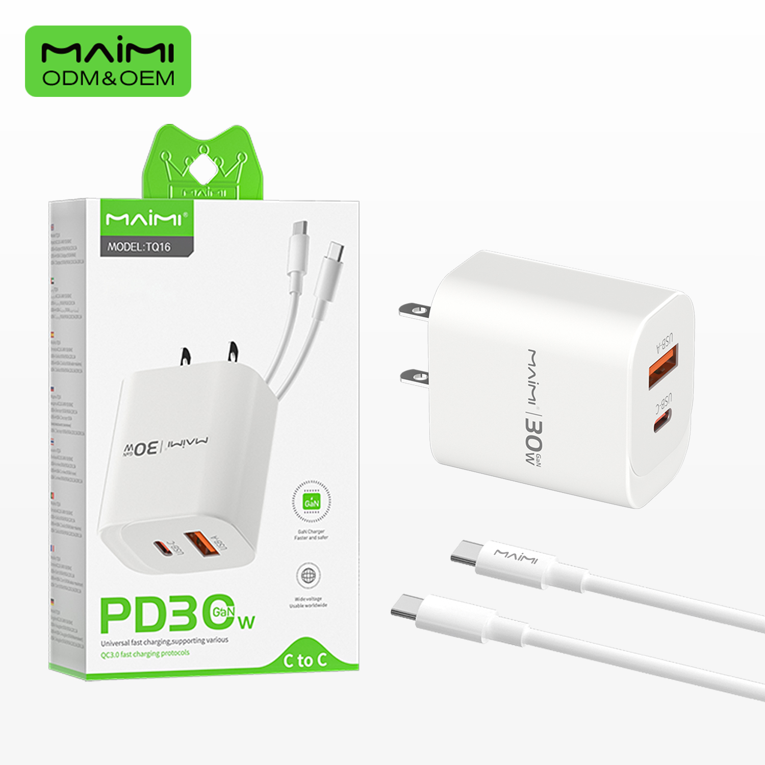 30W USB-C PD & USB-A Fast Charger US Plug | Wide Voltage Dual Port Wall Charger for iPhone & Android