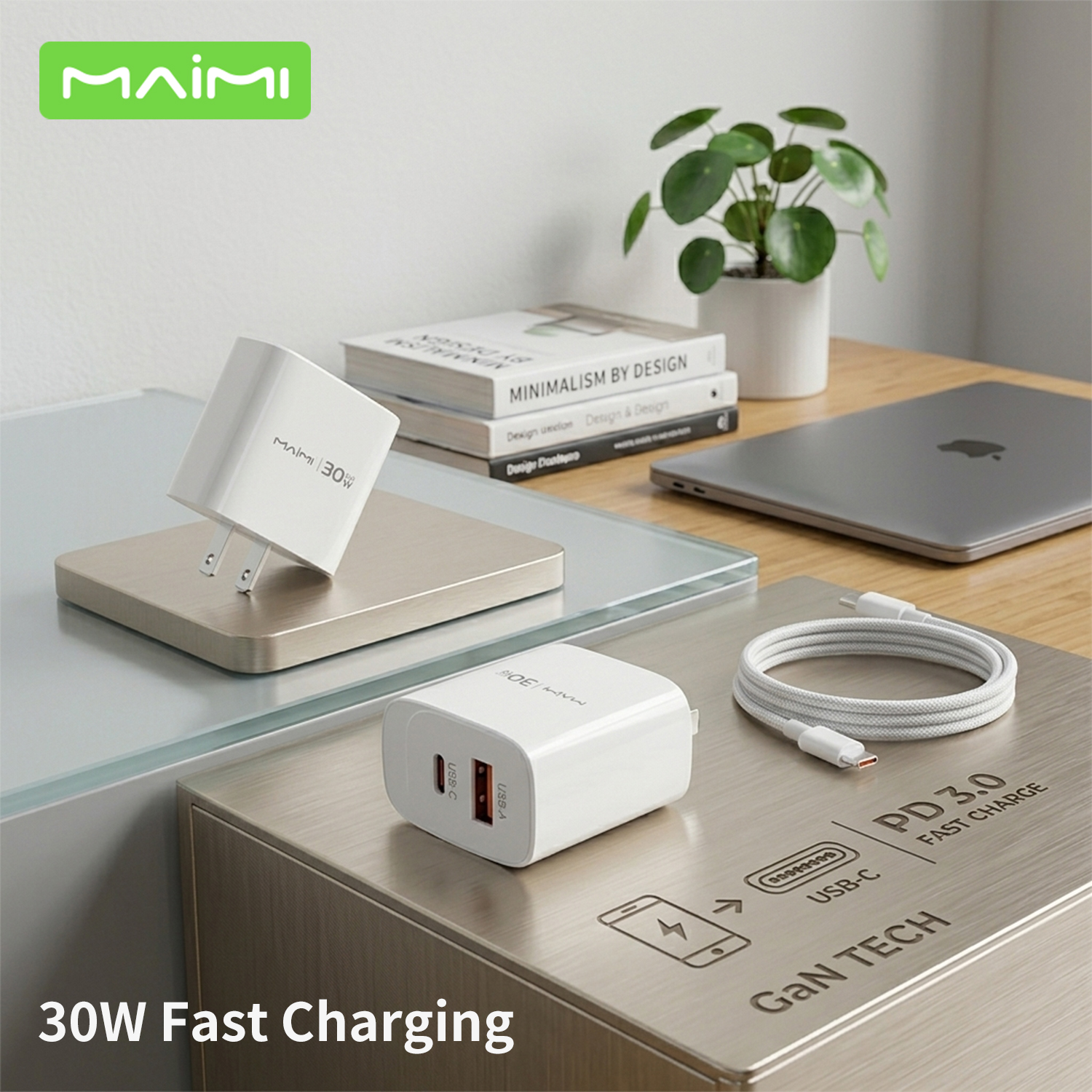 30W USB-C PD & USB-A Fast Charger US Plug | Wide Voltage Dual Port Wall Charger for iPhone & Android