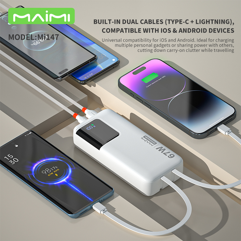 20000mAh Power Bank with Built-in USB-C & Lightning Cables | 22.5W Fast Charging Portable Charger 20000mAh Power Bank with Built-in USB-C & Lightning Cables | 22.5W Fast Charging Portable Charger