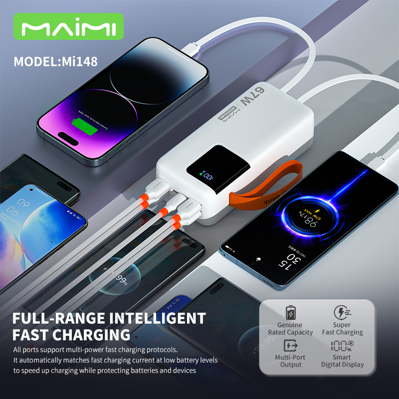 Maimi 30000mAh Power Bank with Built-in USB-C & Lightning Cables | 6-Output Portable Power Station