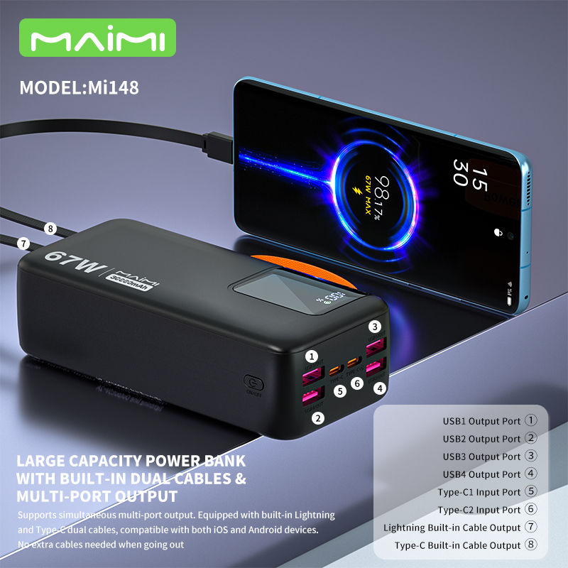 Maimi 30000mAh Power Bank with Built-in USB-C & Lightning Cables | 6-Output Portable Power Station