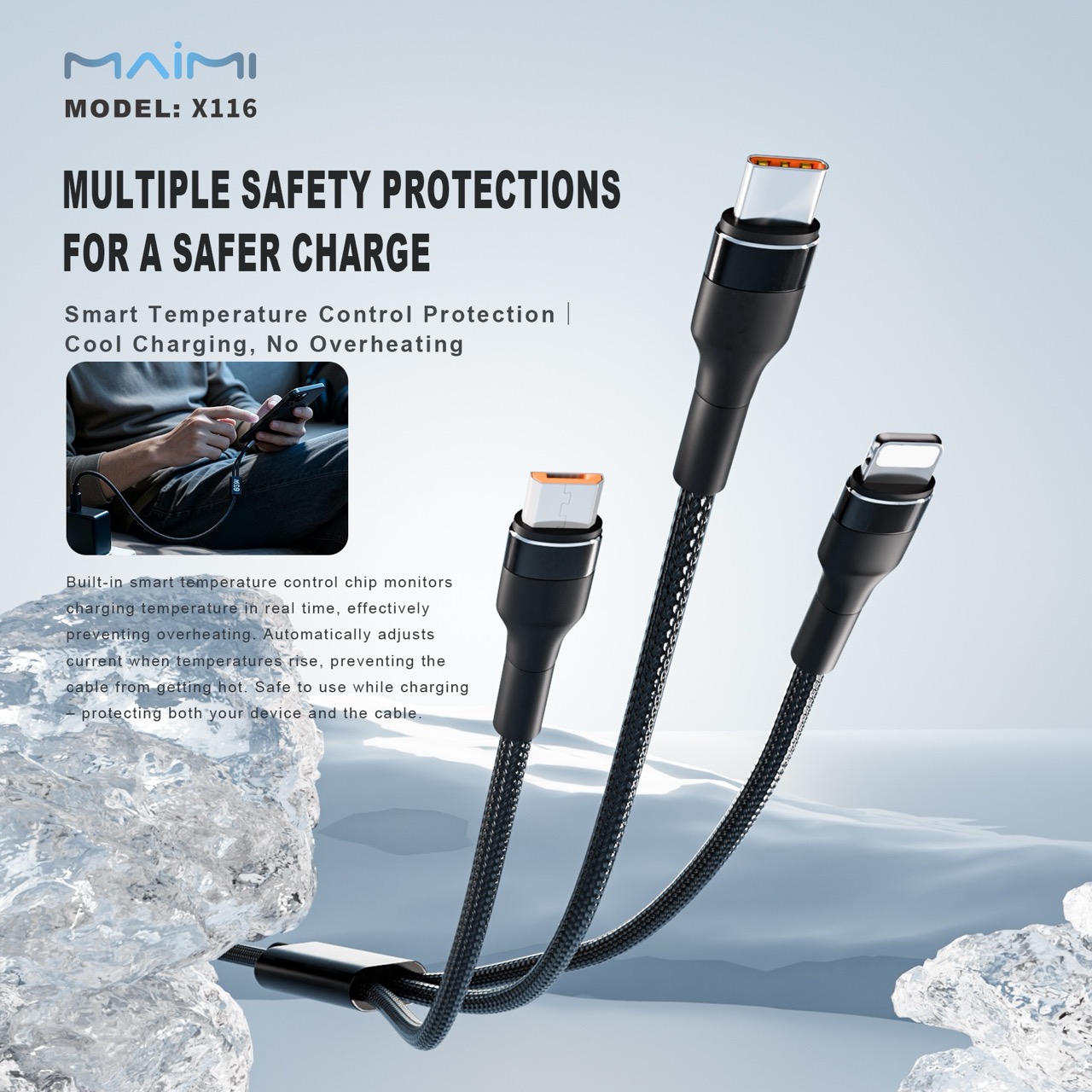65W 3-in-1 Fast Charging Cable | USB-C, Lightning & Micro USB Multi Charging Cable | OEM/ODM 65W 3-in-1 Fast Charging Cable | USB-C, Lightning & Micro USB Multi Charging Cable | OEM/ODM
