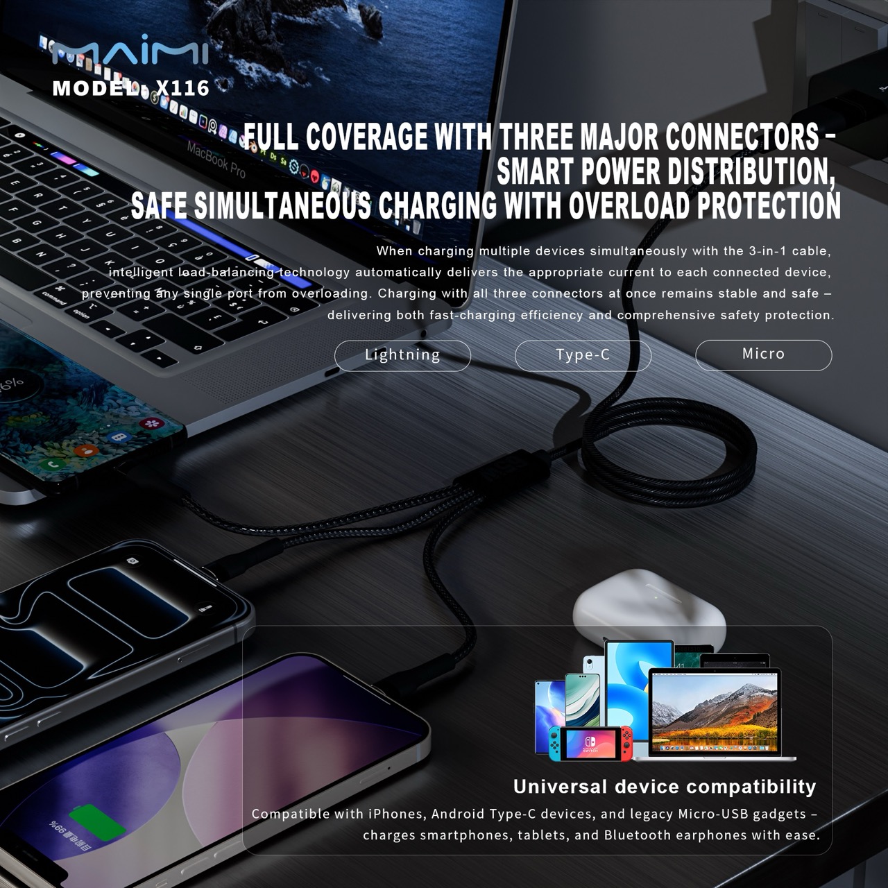 65W 3-in-1 Fast Charging Cable | USB-C, Lightning & Micro USB Multi Charging Cable | OEM/ODM 65W 3-in-1 Fast Charging Cable | USB-C, Lightning & Micro USB Multi Charging Cable | OEM/ODM