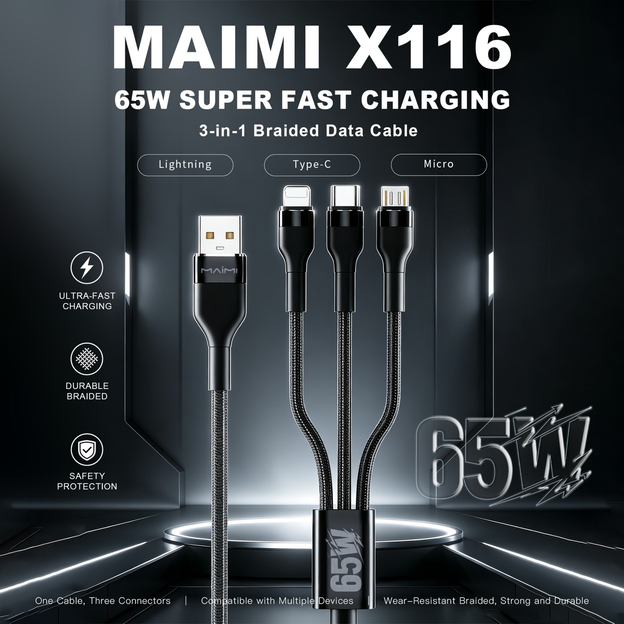 65W 3-in-1 Fast Charging Cable | USB-C, Lightning & Micro USB Multi Charging Cable | OEM/ODM 65W 3-in-1 Fast Charging Cable | USB-C, Lightning & Micro USB Multi Charging Cable | OEM/ODM
