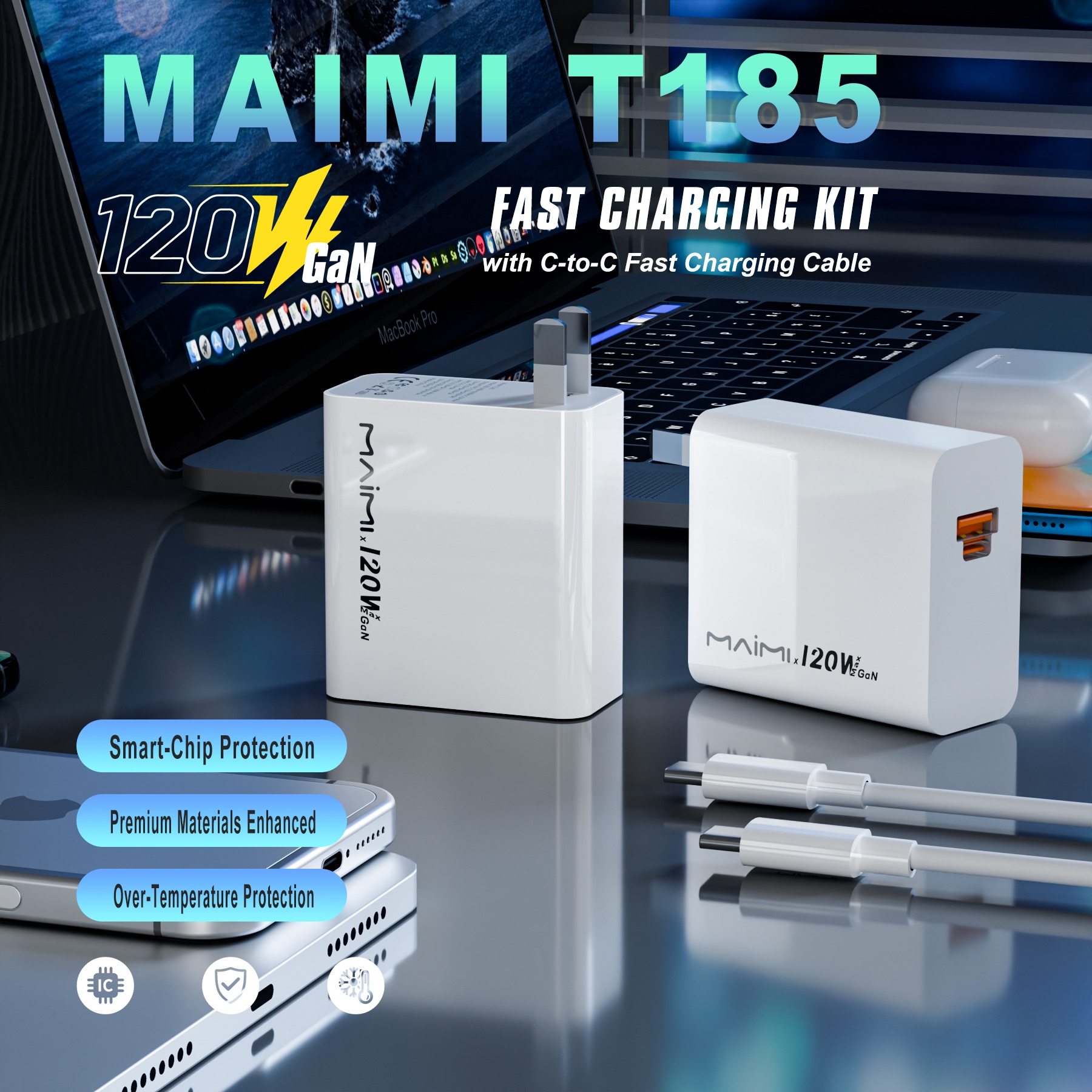 120W GaN Charger Set with USB-C to C Cable | PD 3.1 Fast Charger with USB-A + USB-C | OEM/ODM 120W GaN Charger Set with USB-C to C Cable | PD 3.1 Fast Charger with USB-A + USB-C | OEM/ODM