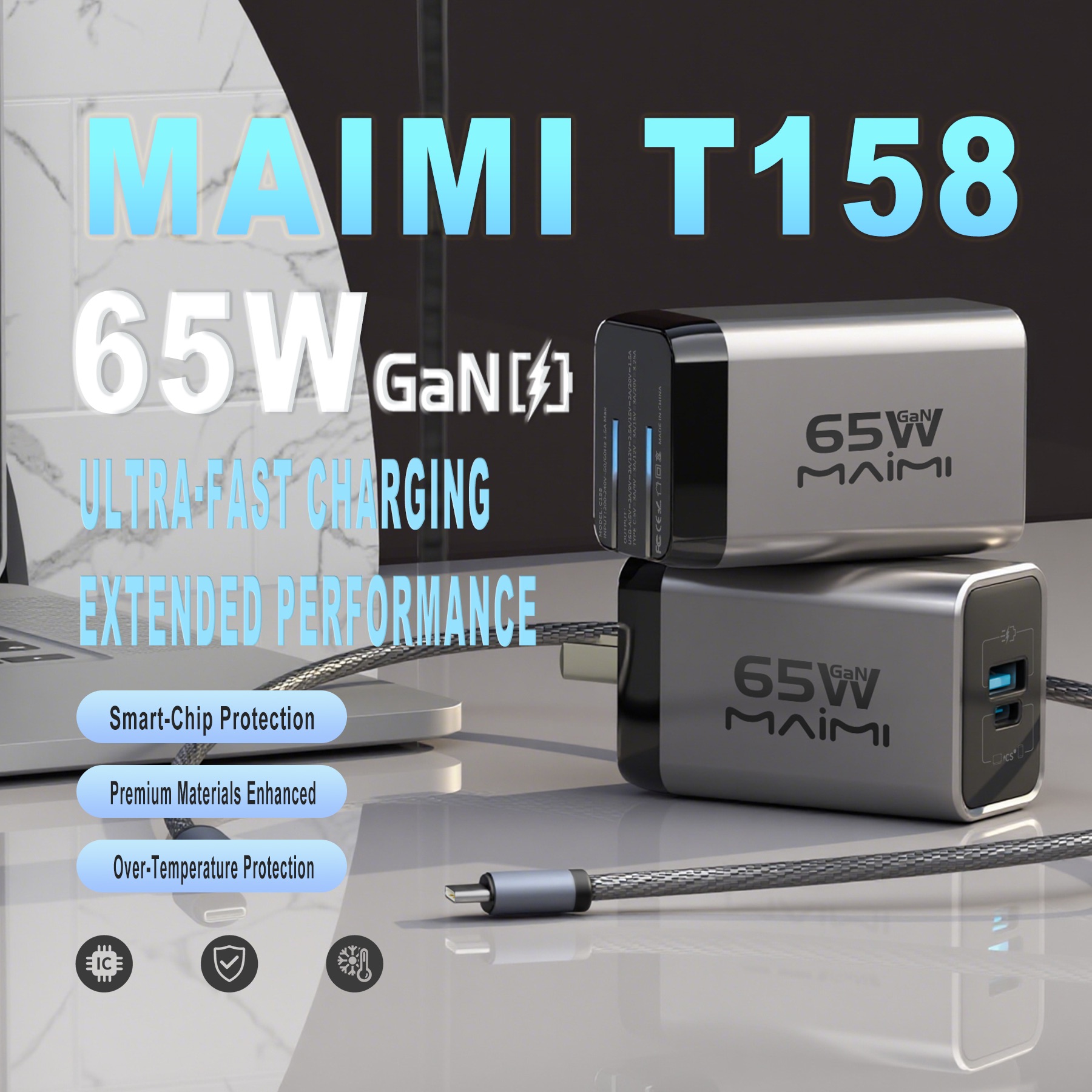 65W GaN Fast Charger with USB-C Cable | USB-C + USB-A Dual Port PD Charger | OEM/ODM 65W GaN Fast Charger with USB-C Cable | USB-C + USB-A Dual Port PD Charger | OEM/ODM