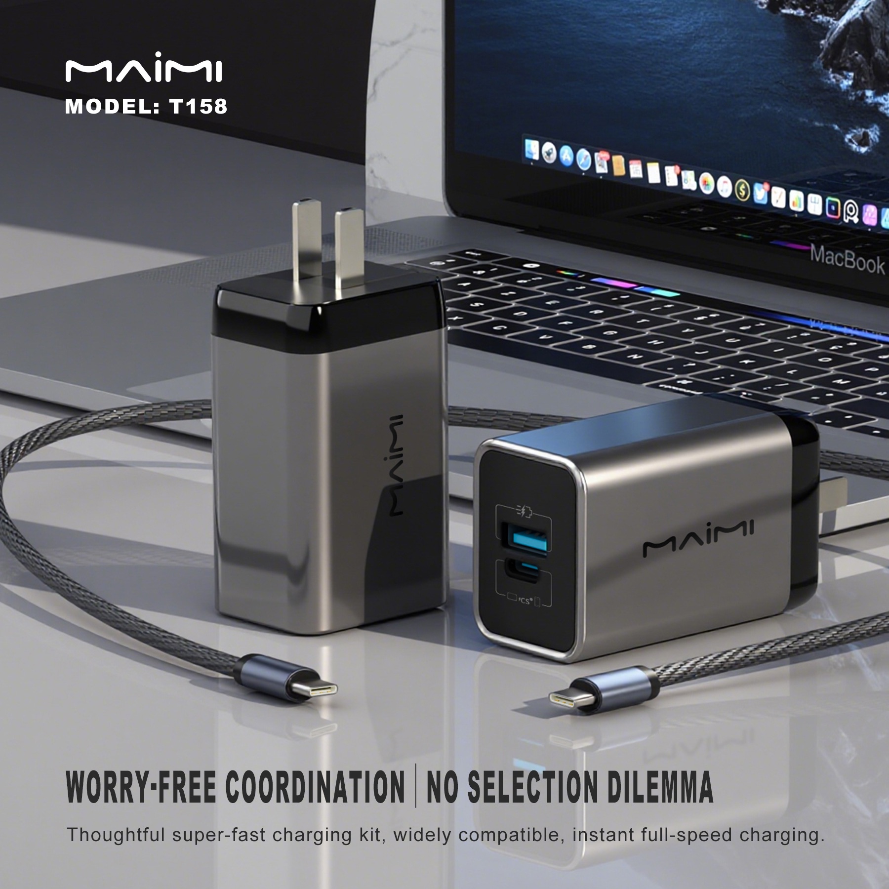 65W GaN Fast Charger with USB-C Cable | USB-C + USB-A Dual Port PD Charger | OEM/ODM 65W GaN Fast Charger with USB-C Cable | USB-C + USB-A Dual Port PD Charger | OEM/ODM