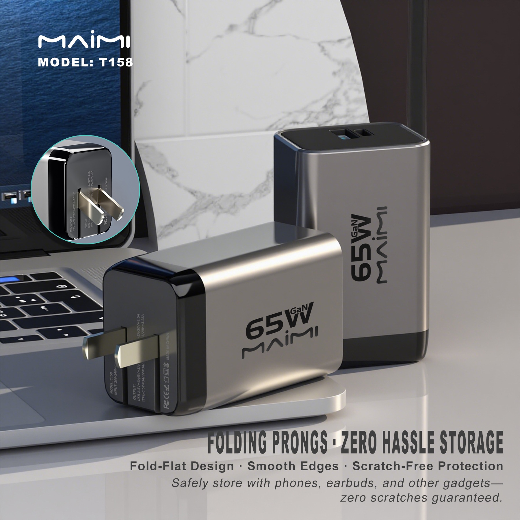 65W GaN Fast Charger with USB-C Cable | USB-C + USB-A Dual Port PD Charger | OEM/ODM 65W GaN Fast Charger with USB-C Cable | USB-C + USB-A Dual Port PD Charger | OEM/ODM