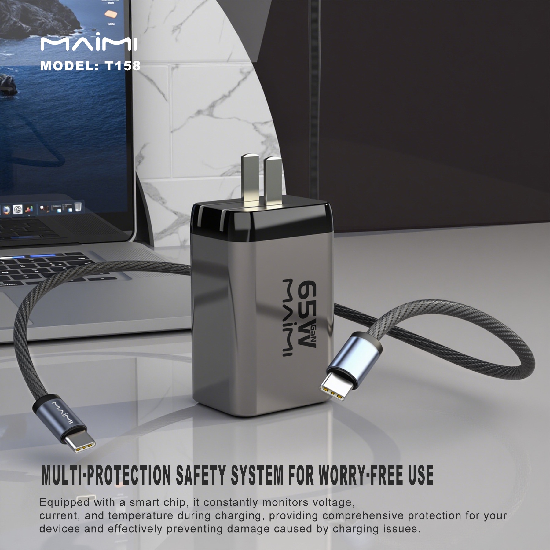 65W GaN Fast Charger with USB-C Cable | USB-C + USB-A Dual Port PD Charger | OEM/ODM 65W GaN Fast Charger with USB-C Cable | USB-C + USB-A Dual Port PD Charger | OEM/ODM
