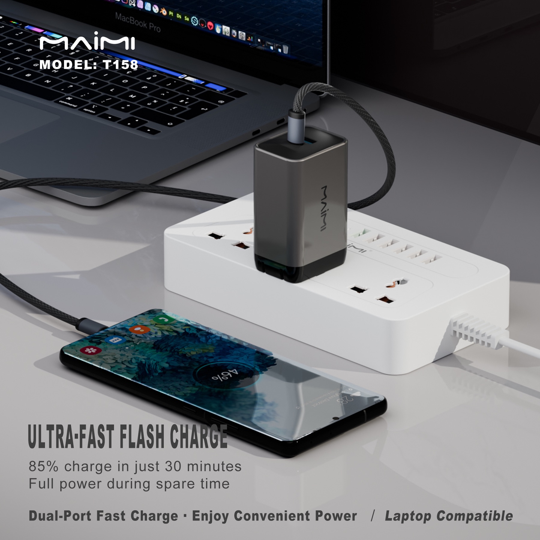 65W GaN Fast Charger with USB-C Cable | USB-C + USB-A Dual Port PD Charger | OEM/ODM 65W GaN Fast Charger with USB-C Cable | USB-C + USB-A Dual Port PD Charger | OEM/ODM