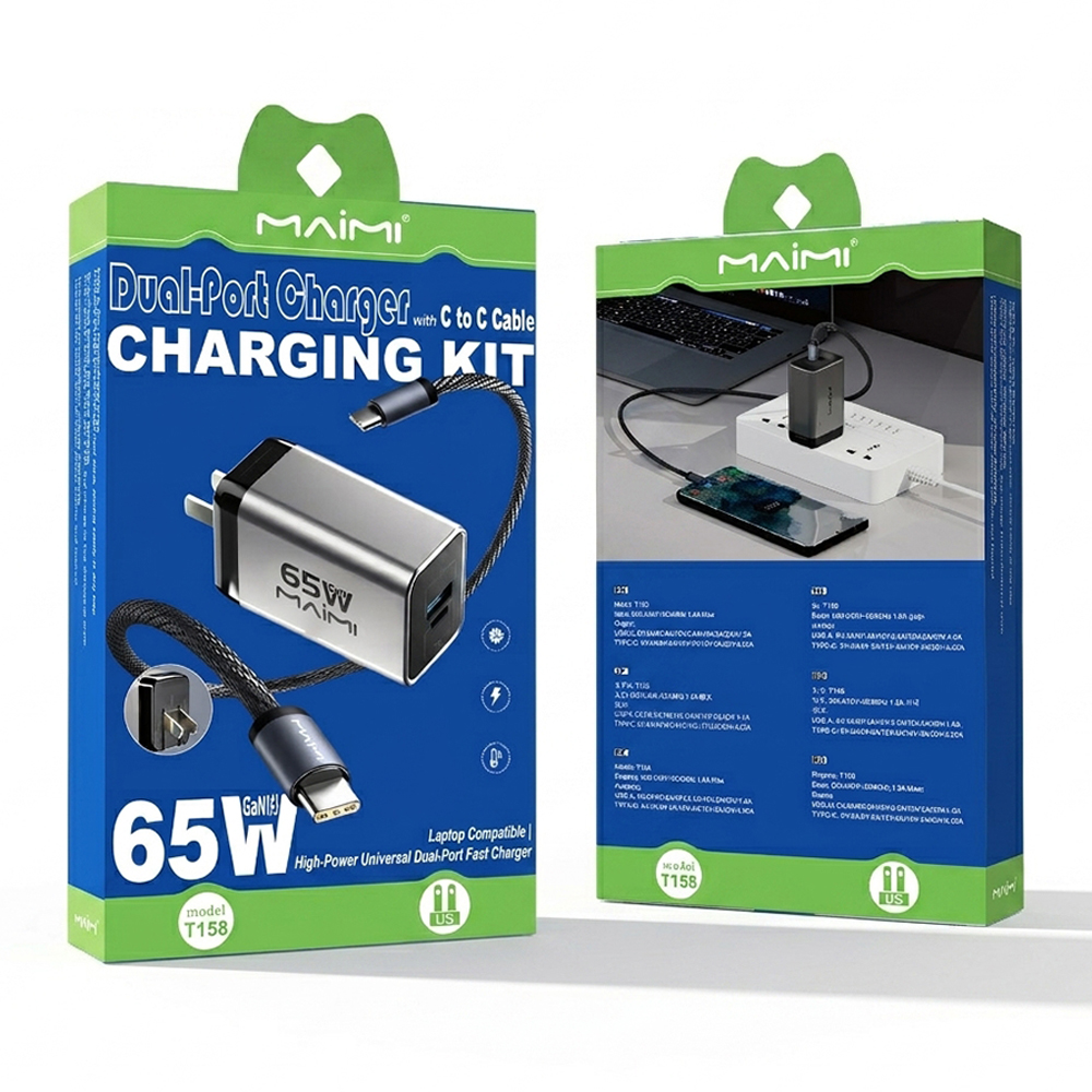 65W GaN Fast Charger with USB-C Cable | USB-C + USB-A Dual Port PD Charger | OEM/ODM